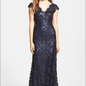 Paillette Embroidered Lace Scalloped V-Neck Gown